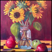 Sunflowers in a Canning Jar with Pomegranates and Green Apple